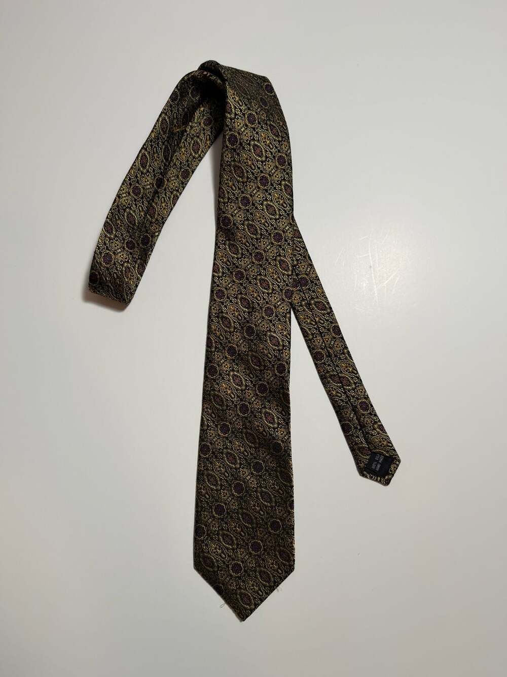 Bocara Silk Neck Tie Gold Purple Medallion Pattern 100% Silk Hand Made